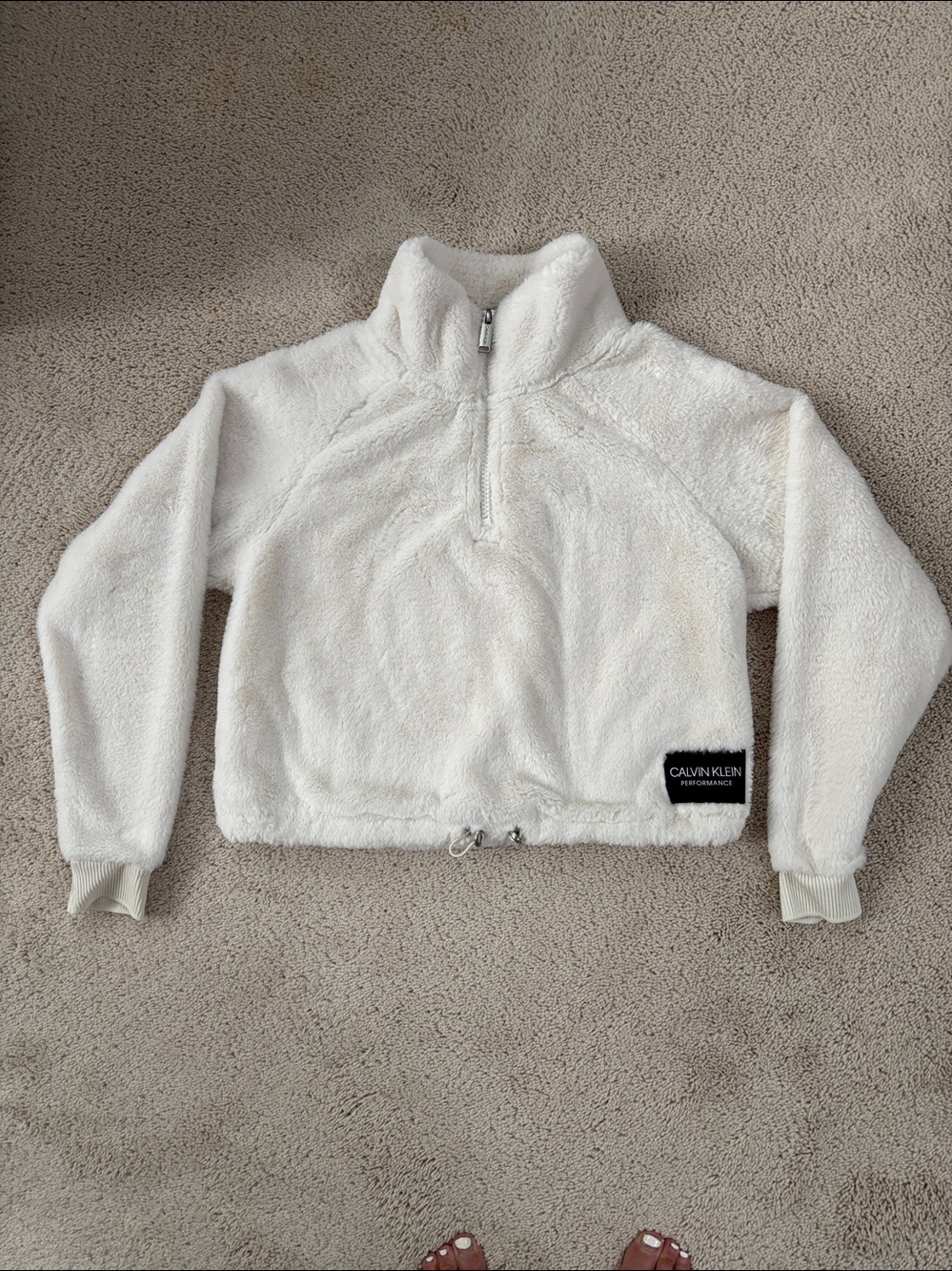 EUC Calvin Klein Performance White Cropped Faux Fur Half Zip Pullover